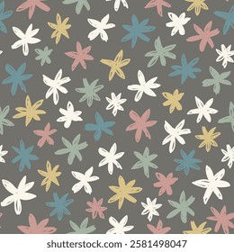 Hand draw multicolour flower pattern. Daisy flowers pattern on dark green background. Simple floral motif textile, wrapping and clothes.