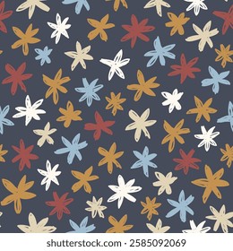 Hand draw multicolour flower pattern. Daisy flowers pattern on black background. Simple floral motif textile, wrapping and clothes.
