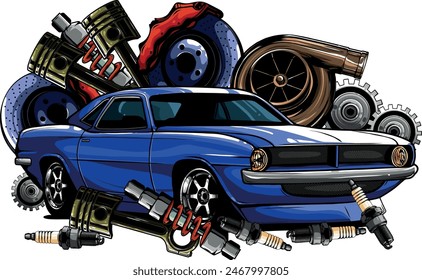 Dibujo a mano del diseño de la Ilustración vectorial del coche del músculo