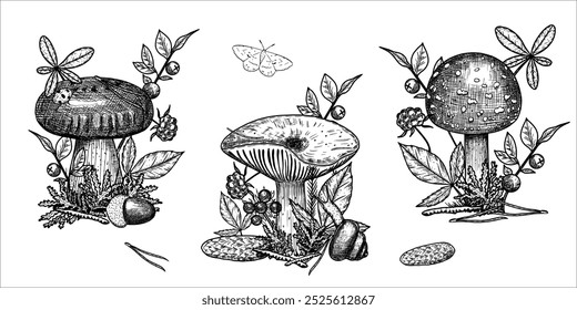 Hand draw mushrooms with acorns, pine cone, moss, berries, snail. Vector illustration