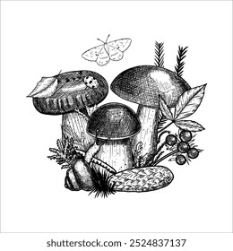 Hand draw mushrooms with  pine cone, moss, berries, snail. Vector illustration