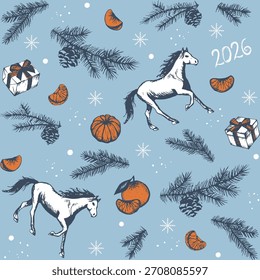 Hand draw New year pattern 2026 with horses, giftboxes, mandarins and fir branches with cones. Vector design illustration. Elements for wrapping paper, greeting cards, fabric and holiday decorations