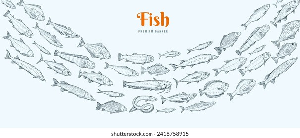 Hand draw ocean and river different fish in cartoon sketch style. Engraved retro illustration. Vintage vector background for banner, cover, menu.