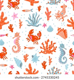Hand draw ocean seamless pattern in vector format. Naive art sea animals with coral, crab and seahorse. 
