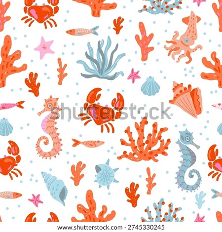 Hand draw ocean seamless pattern in vector format. Naive art sea animals with coral, crab and seahorse. 