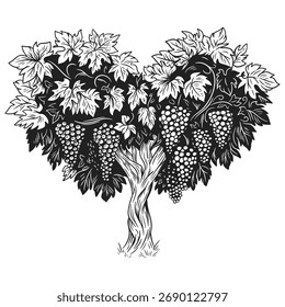 Mão desenhar árvore de uva velha ou arbusto com a coroa de folhas e vinhas de uva em forma de coração. Ilustração de vetor monocromático em estilo de esboço vintage. 