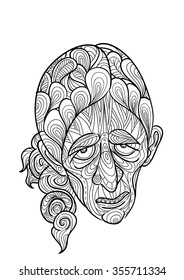 hand draw of old lady in zentangle style
