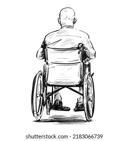 Hand draw the old man sitting wheelchair