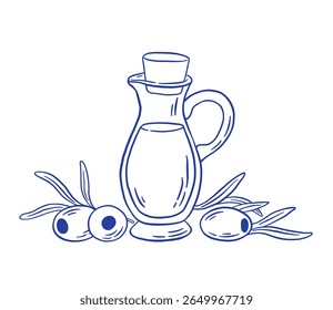 Hand draw olive oil in glass jar with fresh olives and leaves vector illustration. 