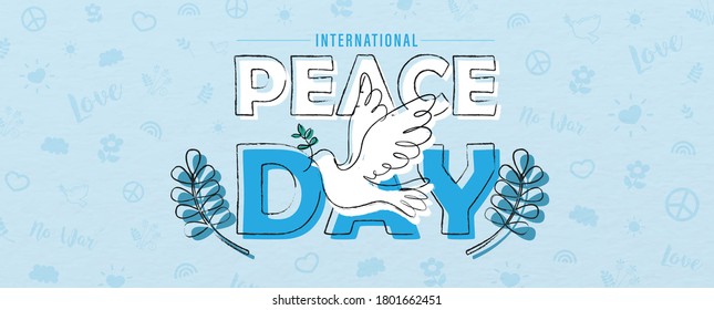 Hand draw and one line style in a peace dove shape on the name of event lettering, olive plants and peace day object pattern and blue background. Card and poster campaign in banner and vector design.