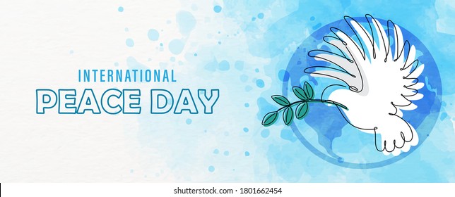 Hand draw and one line style in a peace dove shape with the name of event lettering on globe and blue watercolor background. Card and poster campaign in banner and vector design.
