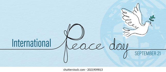 Hand draw and one line style in a peace dove shape with the name of event lettering on global icon and blue background. Poster's concept of Peace day campaign in banner and vector design. 