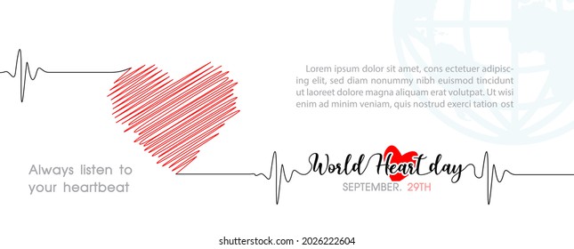 Hand draw and one line style in a Heart shape and pulse with the name of event lettering, example texts on blue global and white background. Poster's campaign of World heart day in vector design.
