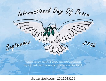 Hand draw and one line style in a peace dove shape with the day and name of event lettering on world map and blue background. Poster's concept of Peace day campaign in vector design.