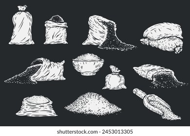 Hand draw open and close full sack, or container, bowl with flour, grain or sugar in monochrome sketch style.  Set of agriculture organic food. Engraving vintage vector illustration.