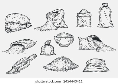 Hand draw open and close full sack, or container, bowl with flour, grain or sugar in monochrome sketch style.  Set of agriculture organic food. Engraving vintage vector illustration.