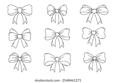 Hand draw outline bow collection isolated on white background. Line art bow coquette and ribbons set for gift wrapping 