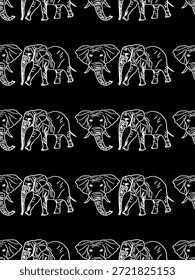 Dibujo a mano delinear elefantes aislamiento fondo negro diseño de Ilustración vectorial sin fisuras .