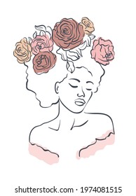 Hand draw outline portrait of african woman. Abstract art of different people and skin tones.Woman with flowers