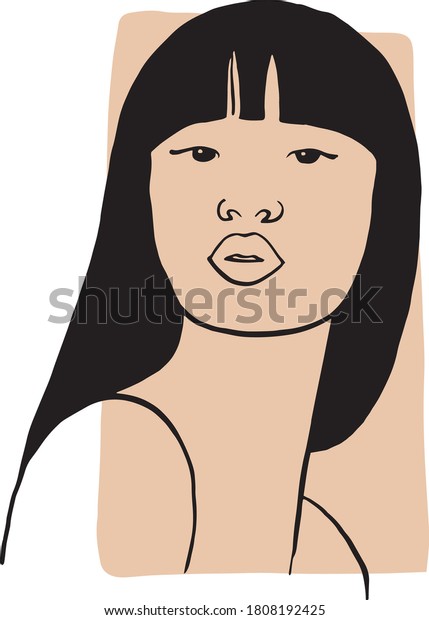 Hand draw outline portrait of asian woman with light beige sample color