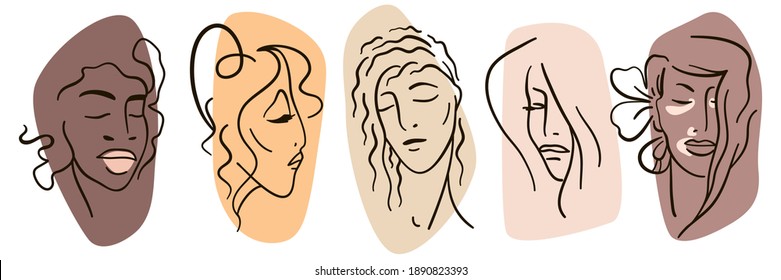 Hand draw outline portrait of different women, different beauty, hair and skin color. Multi-ethnic women. The concept of women, femininity, diversity, independence and equality. Vector illustration.
