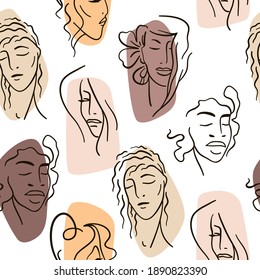 Hand draw outline portrait vector pattern of different women, different beauty, hair and skin color. Multi-ethnic women. The concept of women, femininity, diversity, independence and equality. 