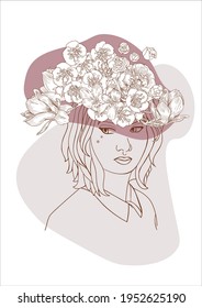 Hand draw outline portrait of woman with flowers on her head. Abstract collection of different people. Abstract portrait.