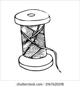 Hand draw outline spool of thread. Vintage, retro style