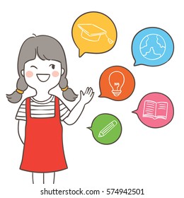 Hand draw outline vector illustration a girl talk about success education,and bubble icon.
