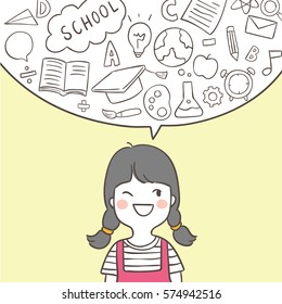 Hand draw outline vector illustration a girl and bubble icon education.Doodle style.
