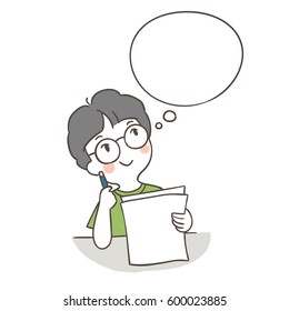 Hand draw outline vector illustration a boy thinking about his paper sheet and speech bubble.