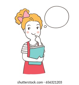 Hand draw outline vector illustration a girl thinking about reading and speech bubble.