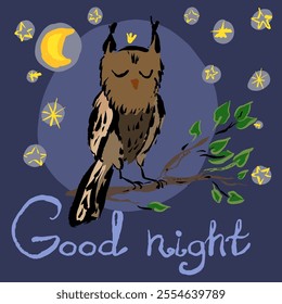 Hand draw owl on a brunch at nighttime. Hand written „good night”. Vector, isolated with texture. 