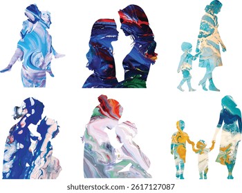 Hand draw painting abstract art mother and child silhouette Digital art painting.