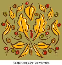 Hand draw pattern with autumn leaves and berries.
The colors of the autumn gamut are perfect for posters and as separate design elements.