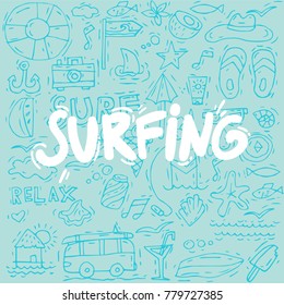 Hand draw pattern or background surfing collection and summer holiday for your design. Tourism and vacation theme