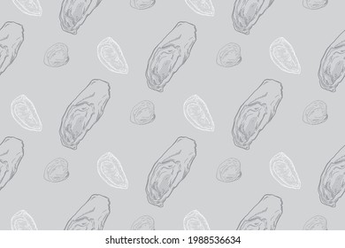 Diseño de patrones de dibujo manual para Oyster y limón. el diseño de fondo sin fisuras, los colores grises y los tonos medios.