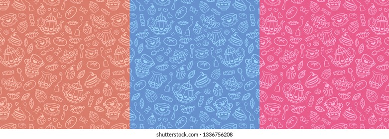 Hand draw pattern with tea. Tea time hand draw pattern. Cute tea time kids pattern. 5 o'clock tea pattern. Vector design.
