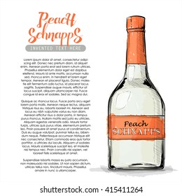Hand draw of peach schnapps bottle. Vector illustration.