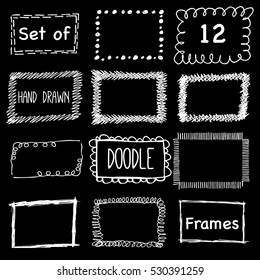 Hand draw pencil frame. Sketch doodle design concept . Set of frames isolated on the black background.