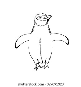 hand draw a penguin in the style of the sketch to design cards, textiles, coloring, tattoo white