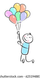 hand draw people flies on the balloons. Doodle miniature scenes. Hand drawn vector illustration for web design and infographic.