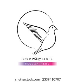 Hand draw pigeon bird flying outline logo design