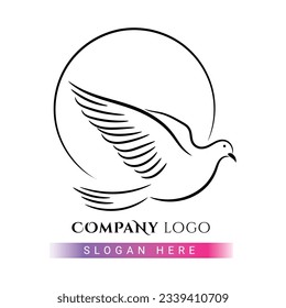 Hand draw pigeon bird flying outline logo design