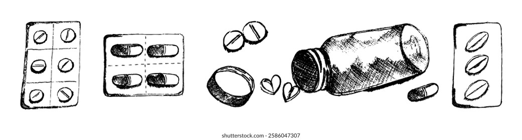 Hand draw pill icon set. Medicines bottle vector illustration. Drug in sketch style.