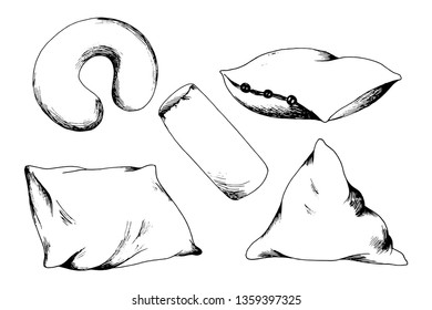 Hand draw pillows set sketch illustration. Textile cushion bedroom stuffs, kinds of conveniences to a comfortable dream
