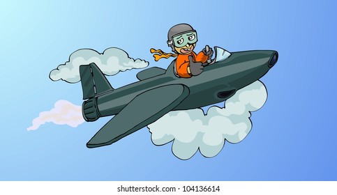 hand draw of pilot on the jet plane with cloudy sky background