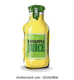 Hand draw of Pineapple juice bottle. Vector illustration.