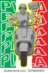 hand draw pizza man vespa man