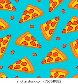 Hand draw pizza pattern. Doodle pizza seamless pattern background. Fast food vector.